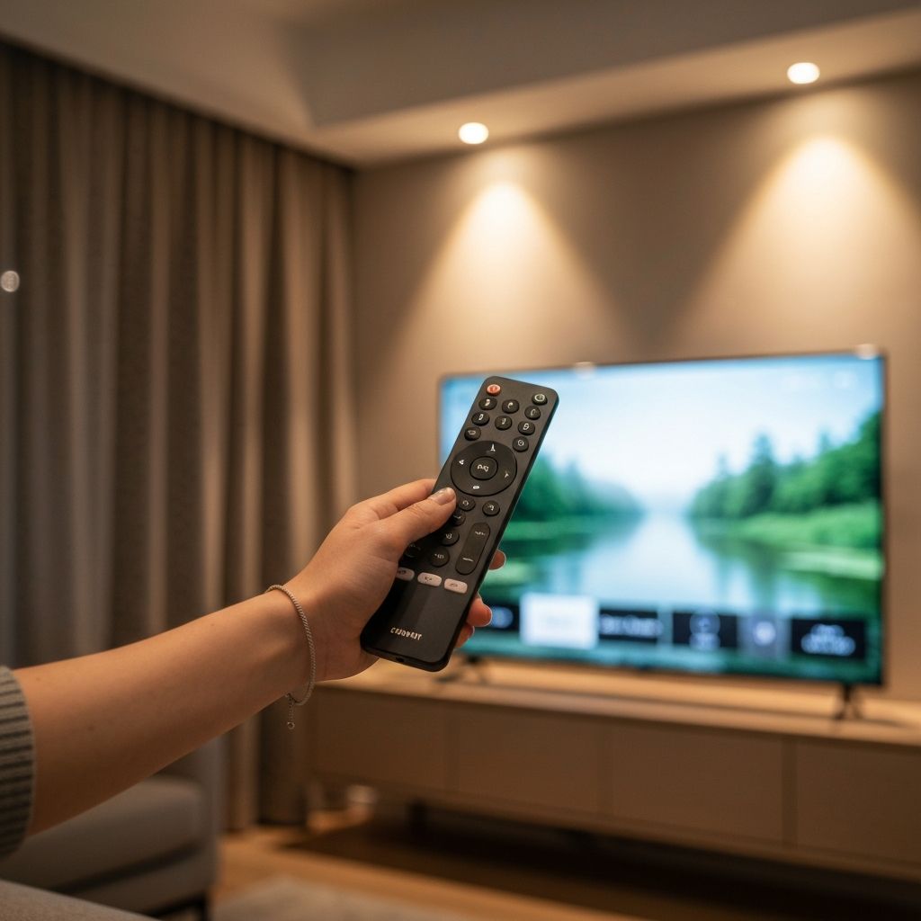 Hand holding TV remote control ready for setup